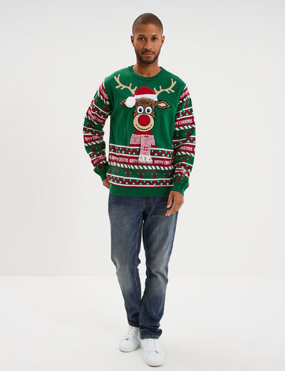 Pull de No&euml;l avec pompon vert homme