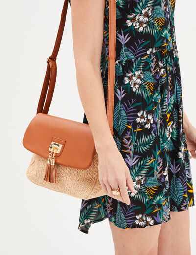 Sac paille tressée à rabat marron cognac femme