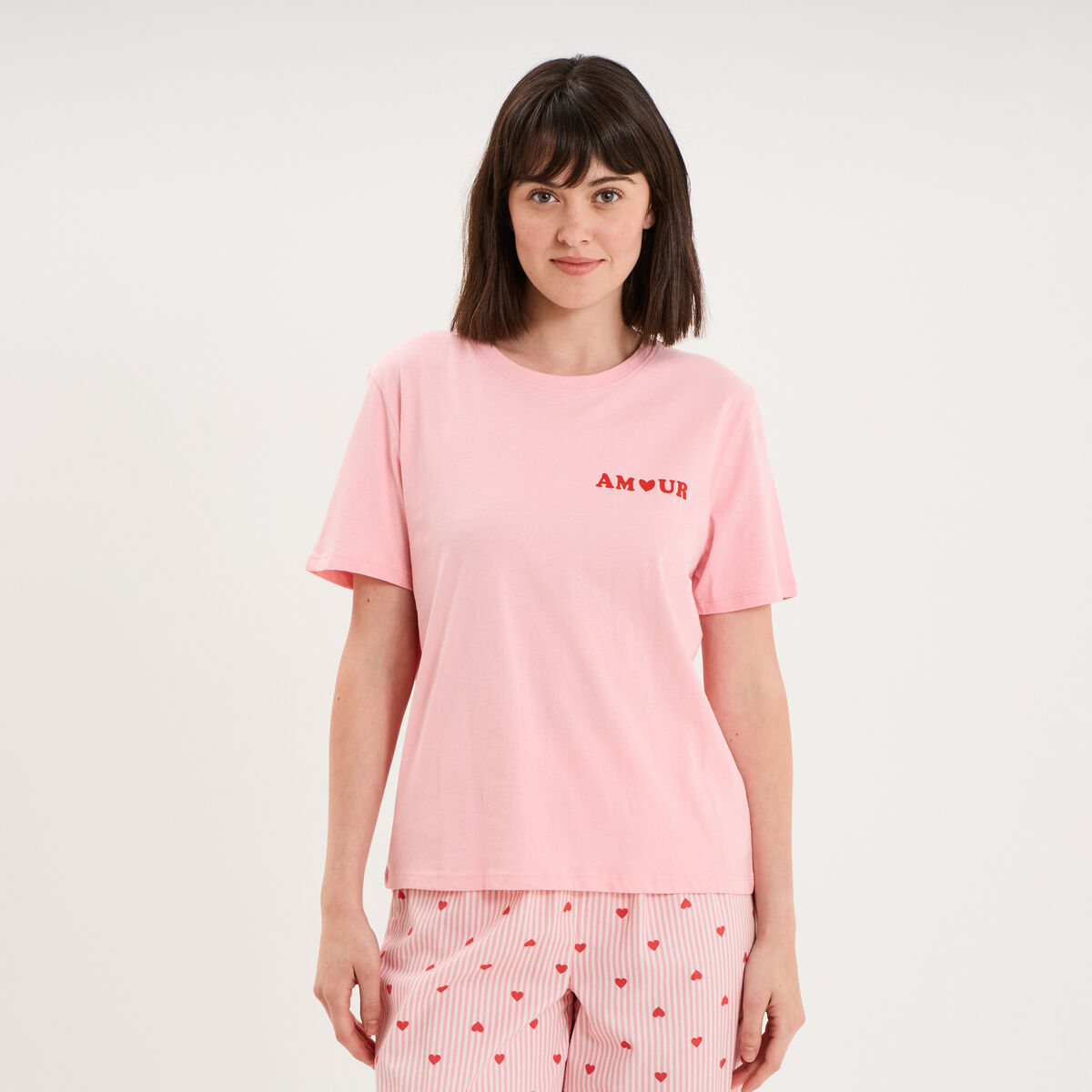 T-shirt col rond manches courtes coton rose femme