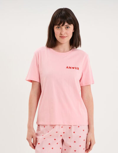T-shirt col rond manches courtes coton rose femme