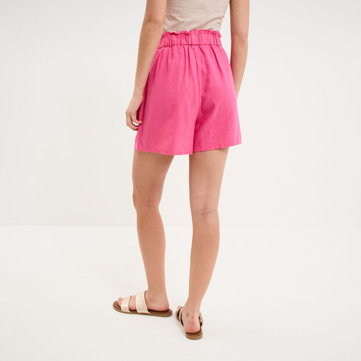 Short paperbag lin m&eacute;lang&eacute; rose fushia femme