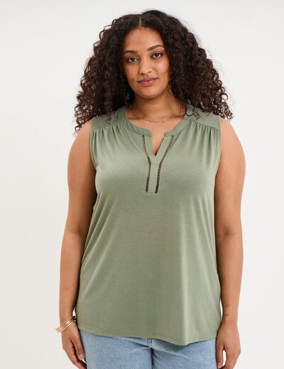 D&eacute;bardeur col tunisien vert kaki femme grande taille