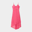 Robe longue asym&eacute;trique avec boucle rose fushia femme