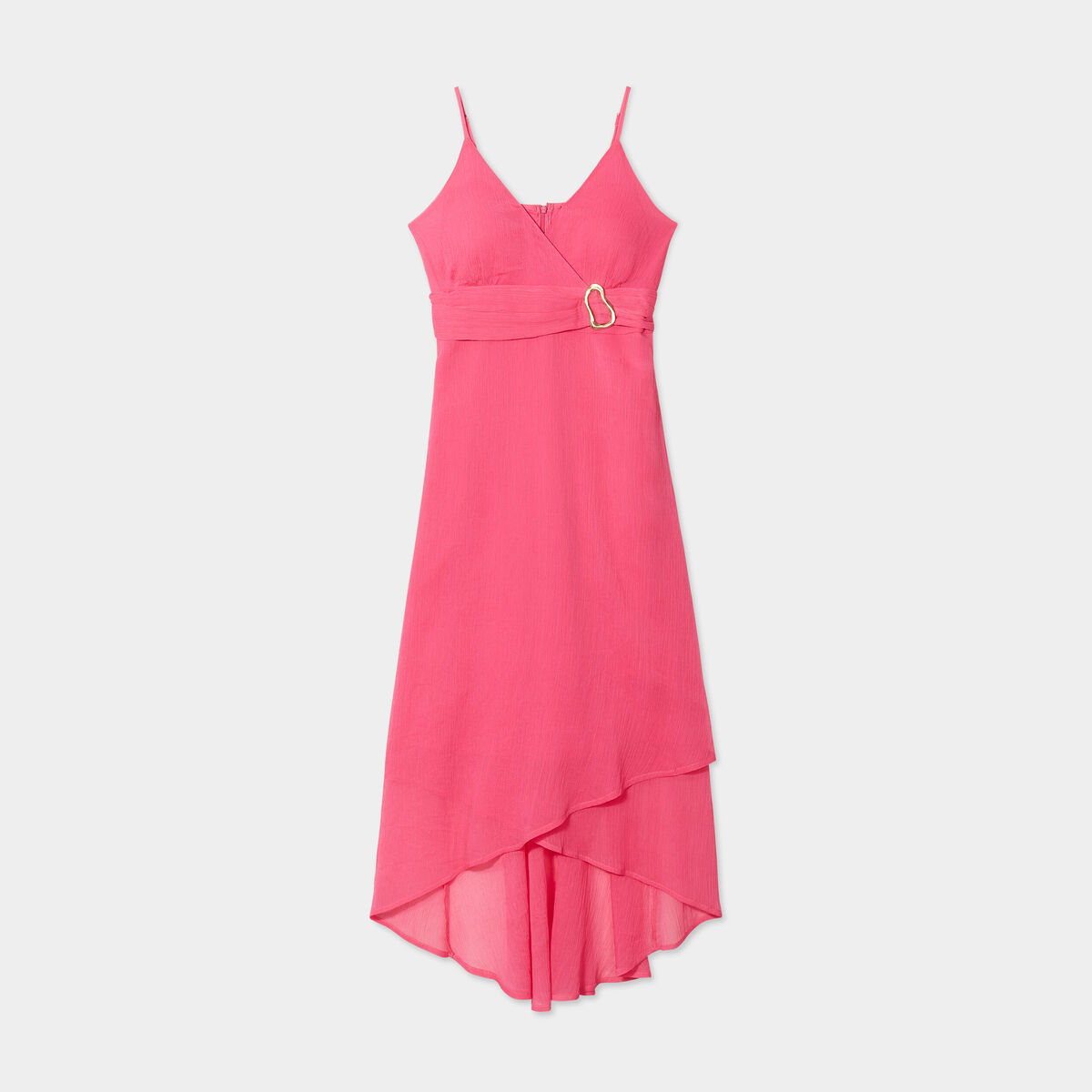 Robe longue asym&eacute;trique avec boucle rose fushia femme