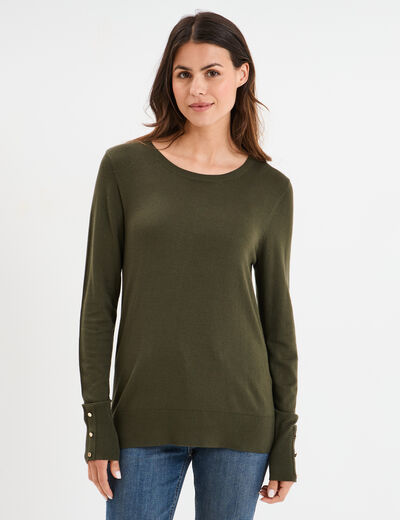 Pull col rond boutons aux poignets vert kaki femme