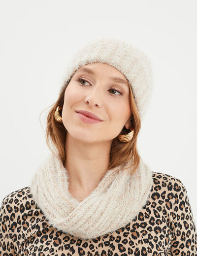 Ensemble écharpe bonnet maille duveteuse sable femme