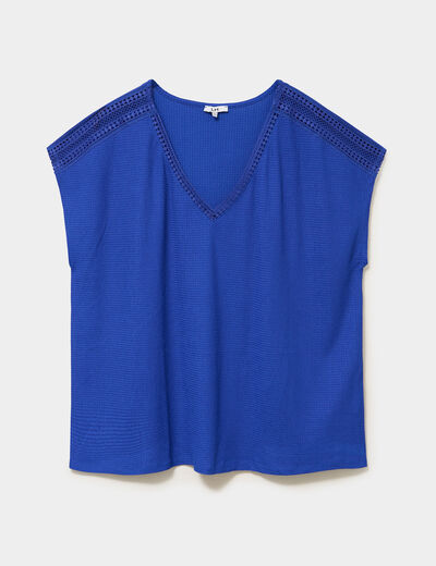 T-shirt bandes dentelle col en V bleu electrique femme grande taille