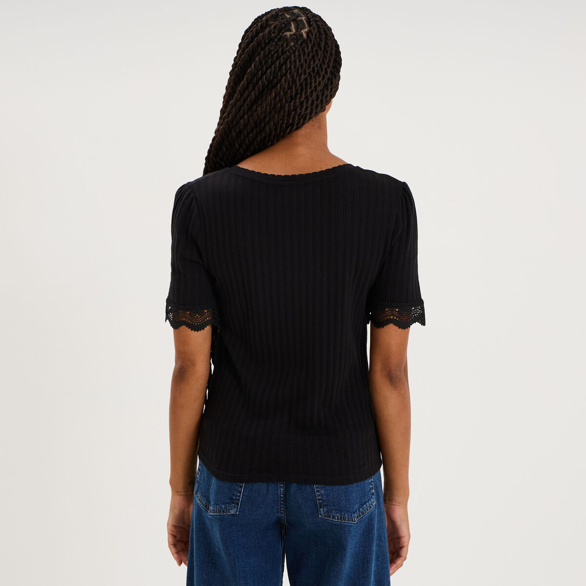 Blouse manches courtes col V dentelle noir femme