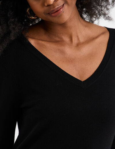 Pull col en V manches longues noir femme