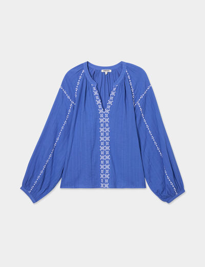 Blouse brodée manches longues coton bleu roi femme