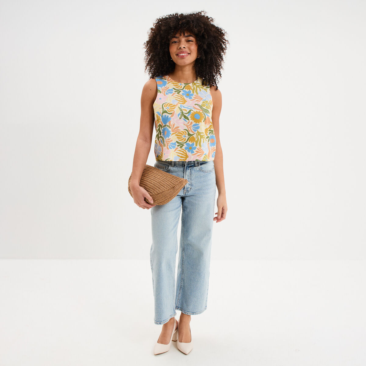Blouse courte droite sans manches blanc femme