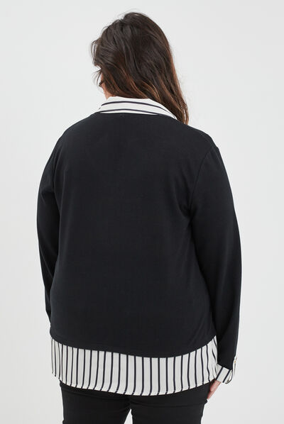 Pull effet 2-en-1 manches longues noir femme grande taille