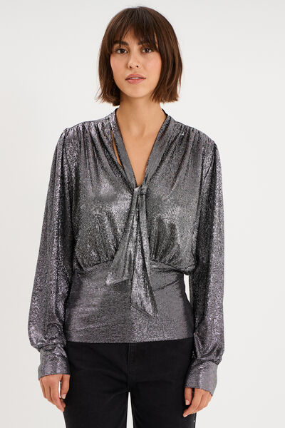 Blouse ajust&eacute;e col lavalli&egrave;re gris argent femme
