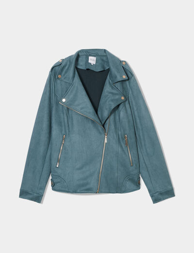 Blouson zippé effet suédine style biker vert foncé femme grande taille