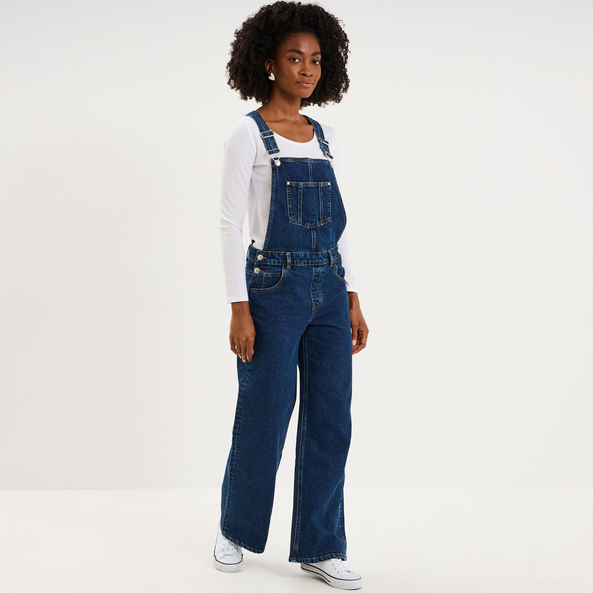 Salopette en jean jambe large coton bleu fonc&eacute; femme