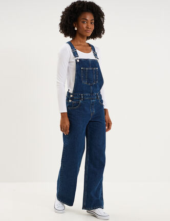 Salopette en jean jambe large coton bleu fonc&eacute; femme