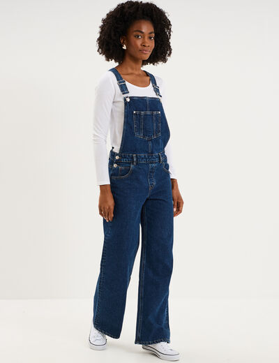 Salopette en jean jambe large coton bleu fonc&eacute; femme