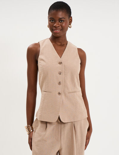 Veste sans manches ajust&eacute;e boutonn&eacute;e marron femme