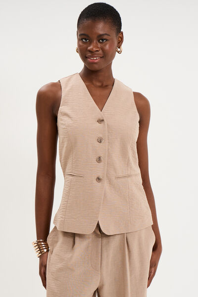 Veste sans manches ajust&eacute;e boutonn&eacute;e marron femme