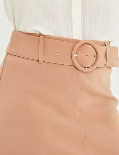 Jupe courte trapèze ceinturée marron clair femme