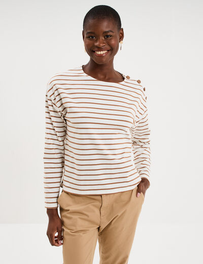 T-shirt marini&egrave;re col rond avec boutons ecru femme