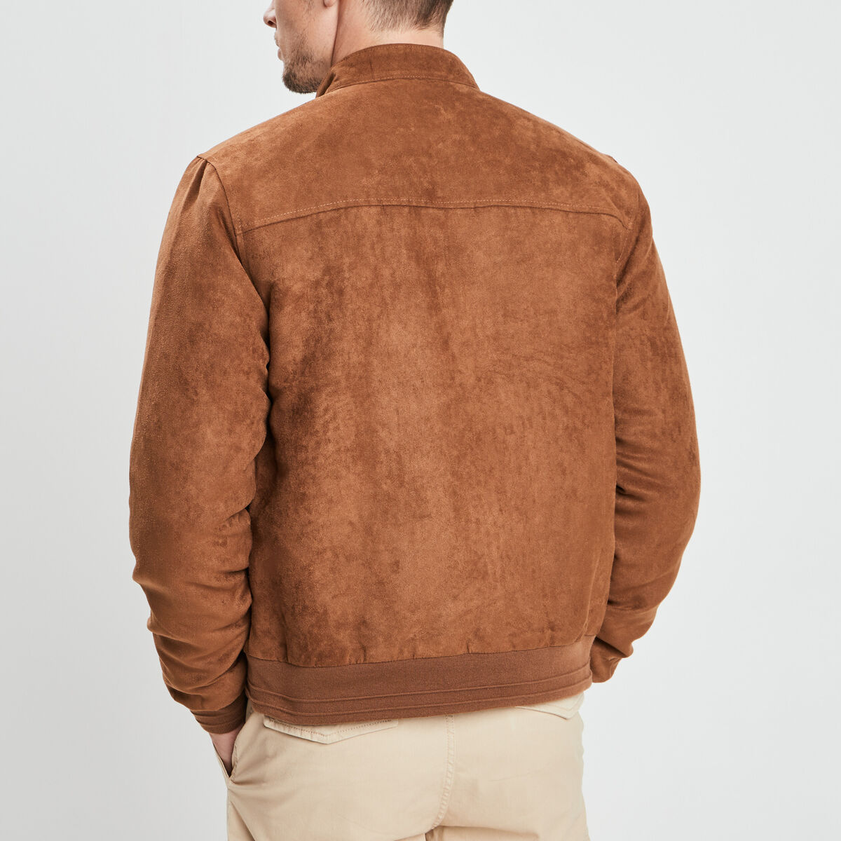 Blouson col motard en su&eacute;dine zipp&eacute; camel homme
