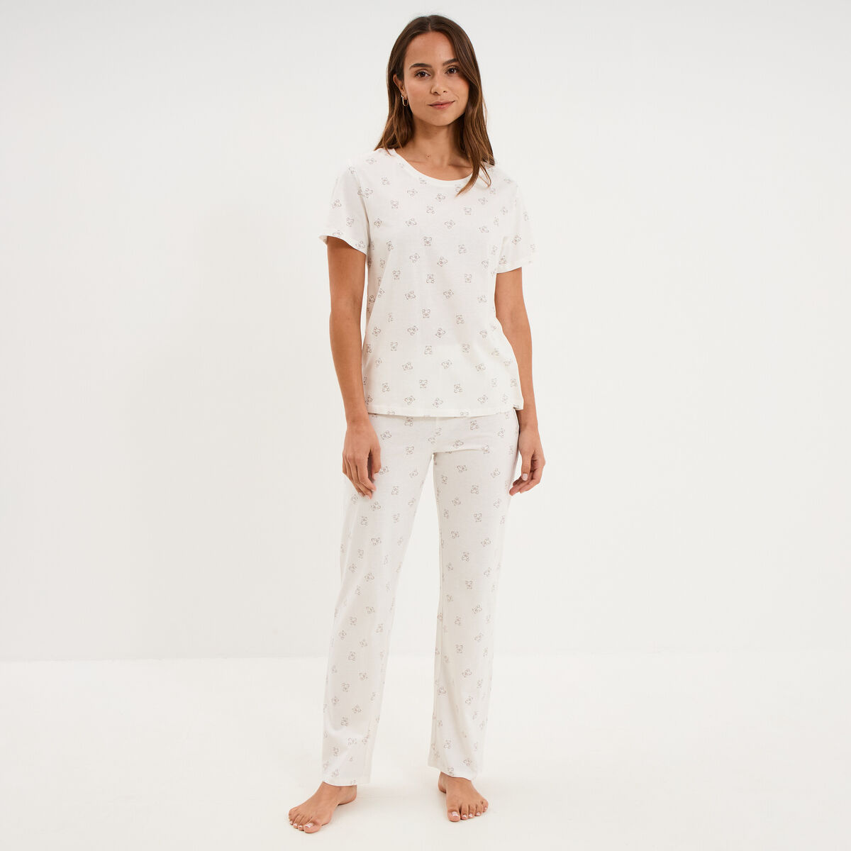 Ensemble pyjama t-shirt pantalon coton ecru femme