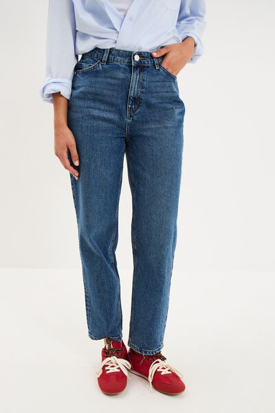 Jeans mom cropped taille haute denim stone femme