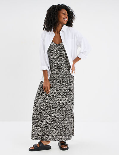 Robe longue droite fluide à bretelles noir femme