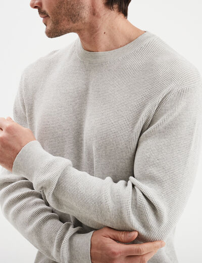 Pull en maille textur&eacute;e col rond gris clair homme