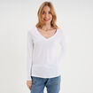 T-shirt col en V manches longues coton blanc femme