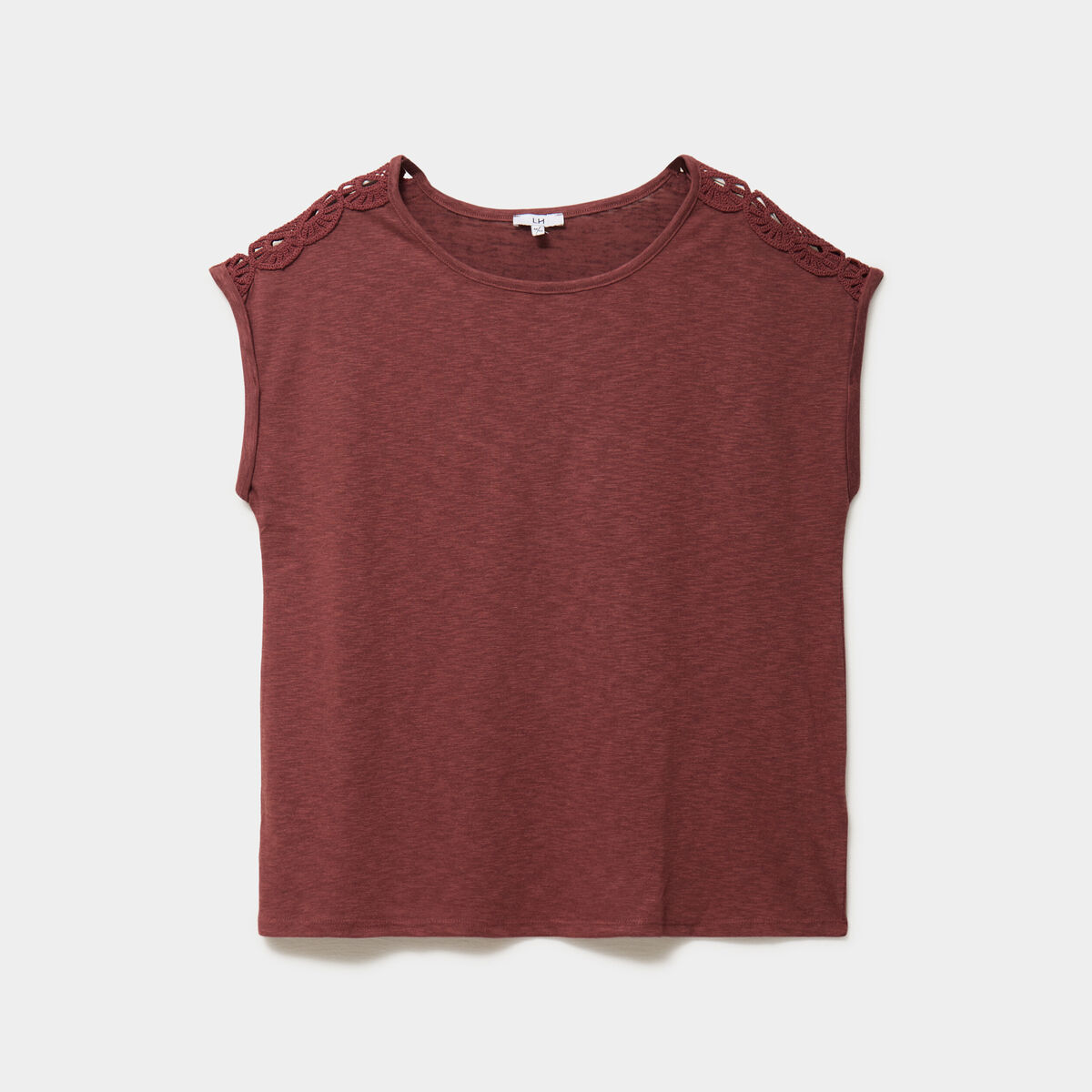 T-shirt &eacute;paules effet macram&eacute; marron cognac femme grande taille