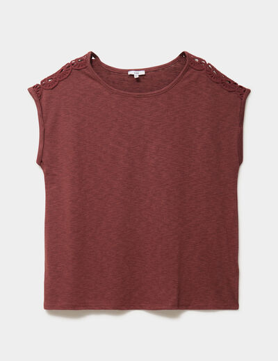 T-shirt &eacute;paules effet macram&eacute; marron cognac femme grande taille