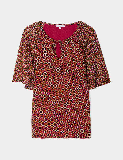 Blouse col tunisien avec cordons rose fushia femme