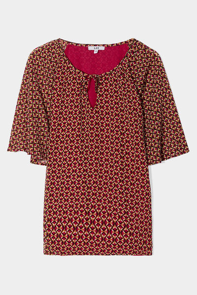 Blouse col tunisien avec cordons rose fushia femme