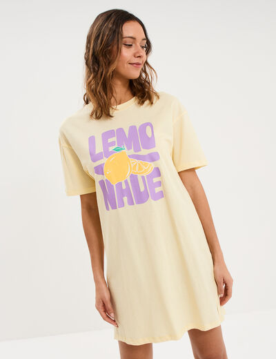 Chemise de nuit manches courtes coton jaune clair femme