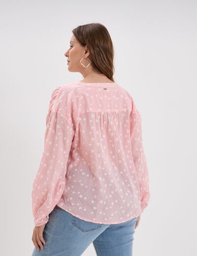 Blouse brod&eacute;e manches ballons rose femme grande taille