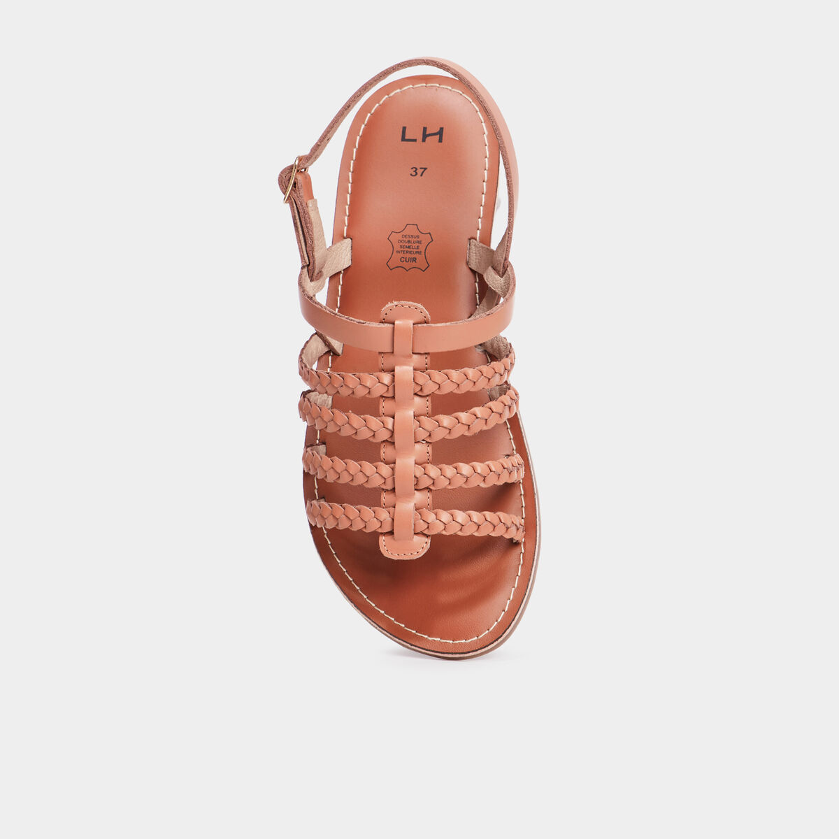 Sandales brides tress&eacute;es en cuir marron femme