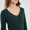 T-shirt manches longues col en V coton vert foncé femme