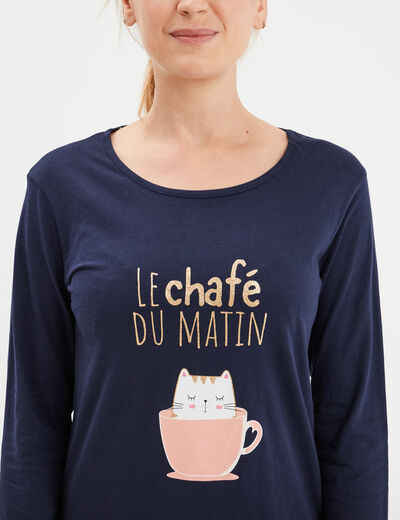 Chemise de nuit manches longues coton bleu marine femme