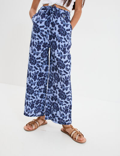 Pantalon fluide large taille élastiquée bleu fille