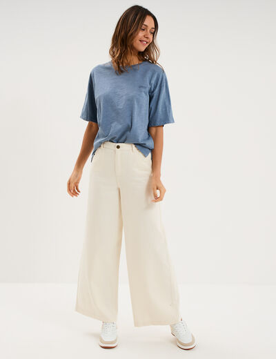 T-shirt col rond manches courtes coton bleu fonc&eacute; femme