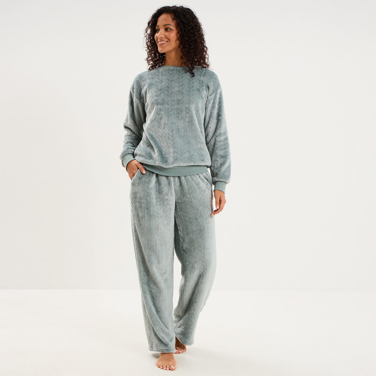 Haut de pyjama sweat polaire torsad&eacute; bleu gris femme