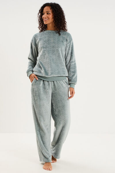 Haut de pyjama sweat polaire torsad&eacute; bleu gris femme