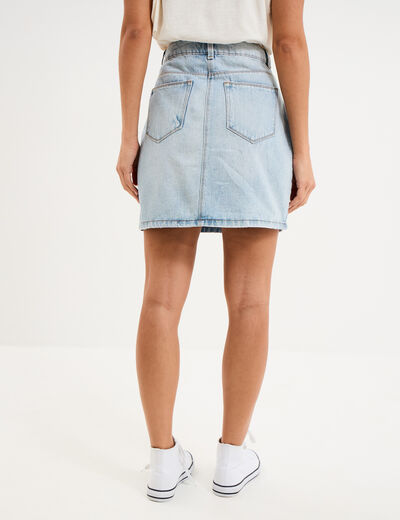 Jupe en jean courte trap&egrave;ze coton denim triple stone femme