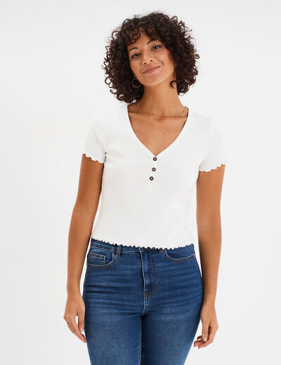 T-shirt court effet côtelé col en V ivoire femme
