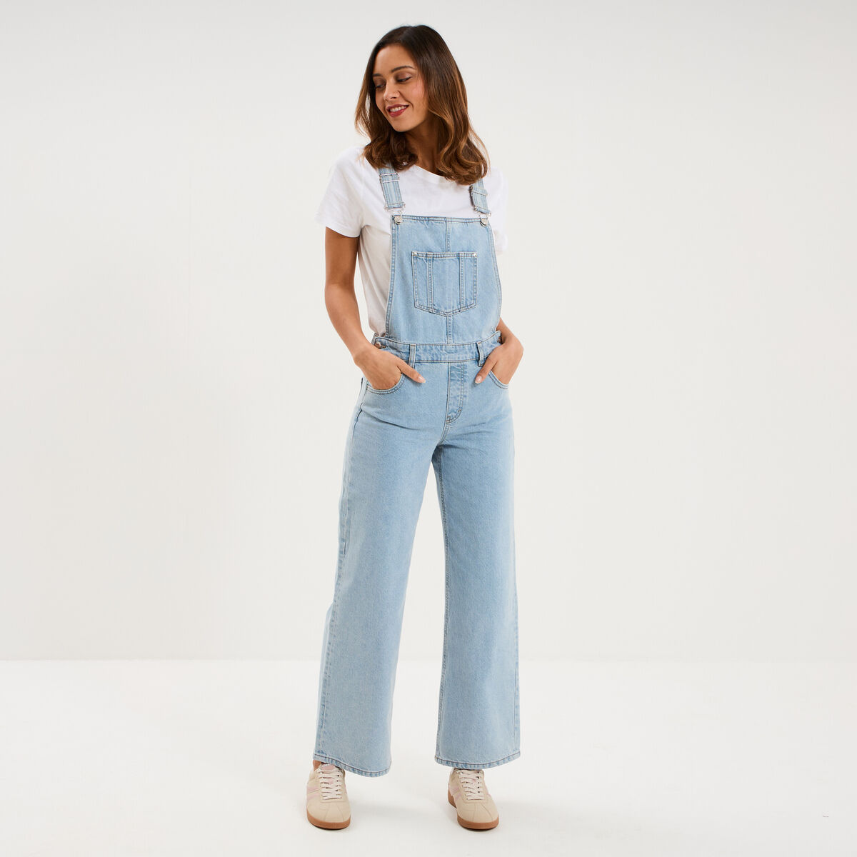 Salopette en jean jambe large coton denim triple stone femme