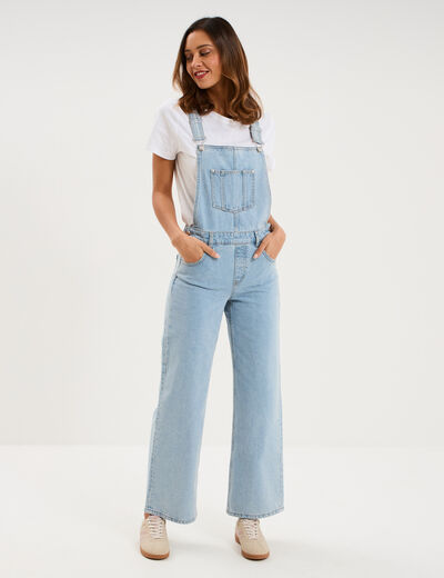 Salopette en jean jambe large coton denim triple stone femme