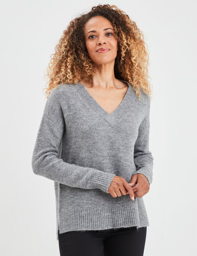 Pull droit ample col V fentes aux côtés gris clair femme