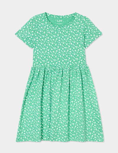 Robe manches courtes col rond coton vert fille